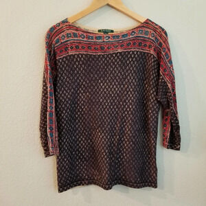 LAUREN Ralph Lauren Women's Geometric Print Sweater Top Size XL Navy 3/4 Sleeve